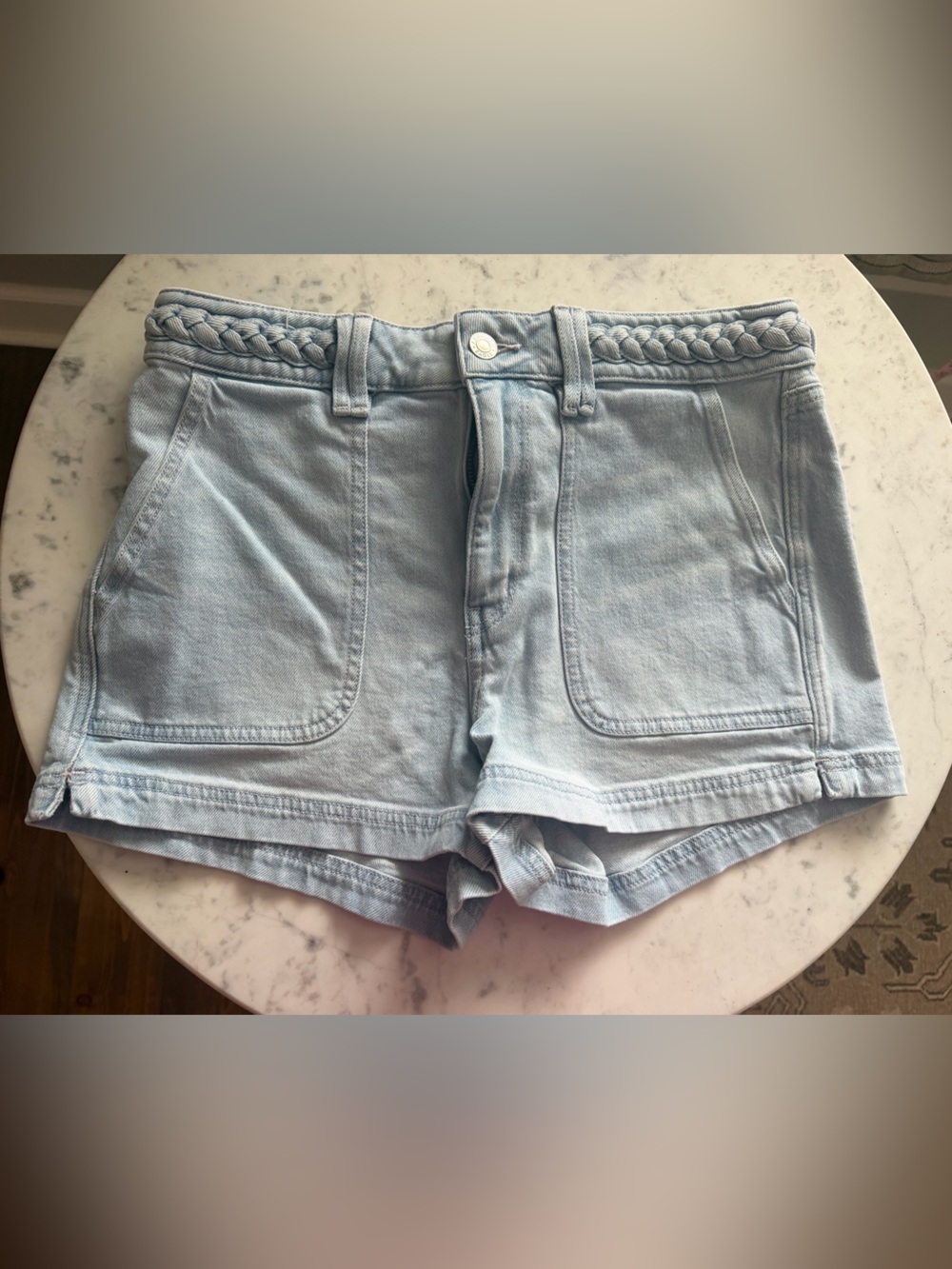 American Eagle Outfitters Light Blue High-Rise Jean Shorts with Braided Waist